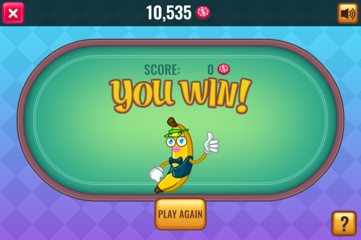 Banana Poker High Low Game You Win Screen Screenshot.