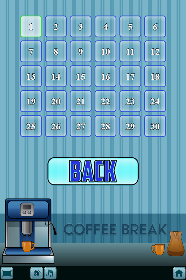 Coffee Break Game Level Select Screen Screenshot.