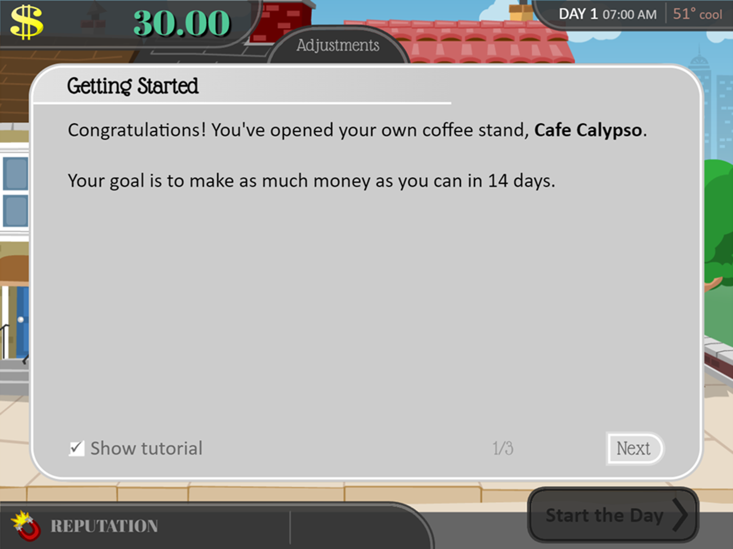 Coffee Shop Game Getting Started Screen.