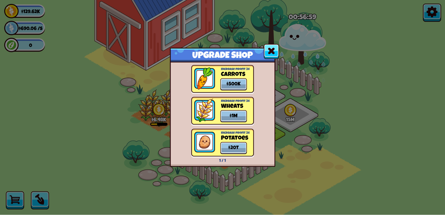 Idle Farming Business Game Upgrades Menu.