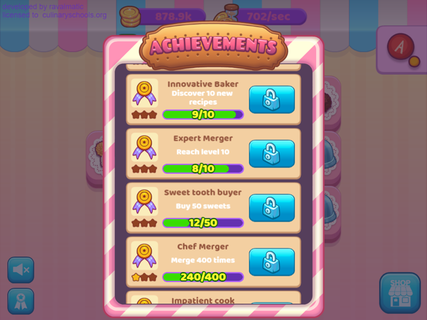 Merge Cakes Game Achievements Screen Screenshot.