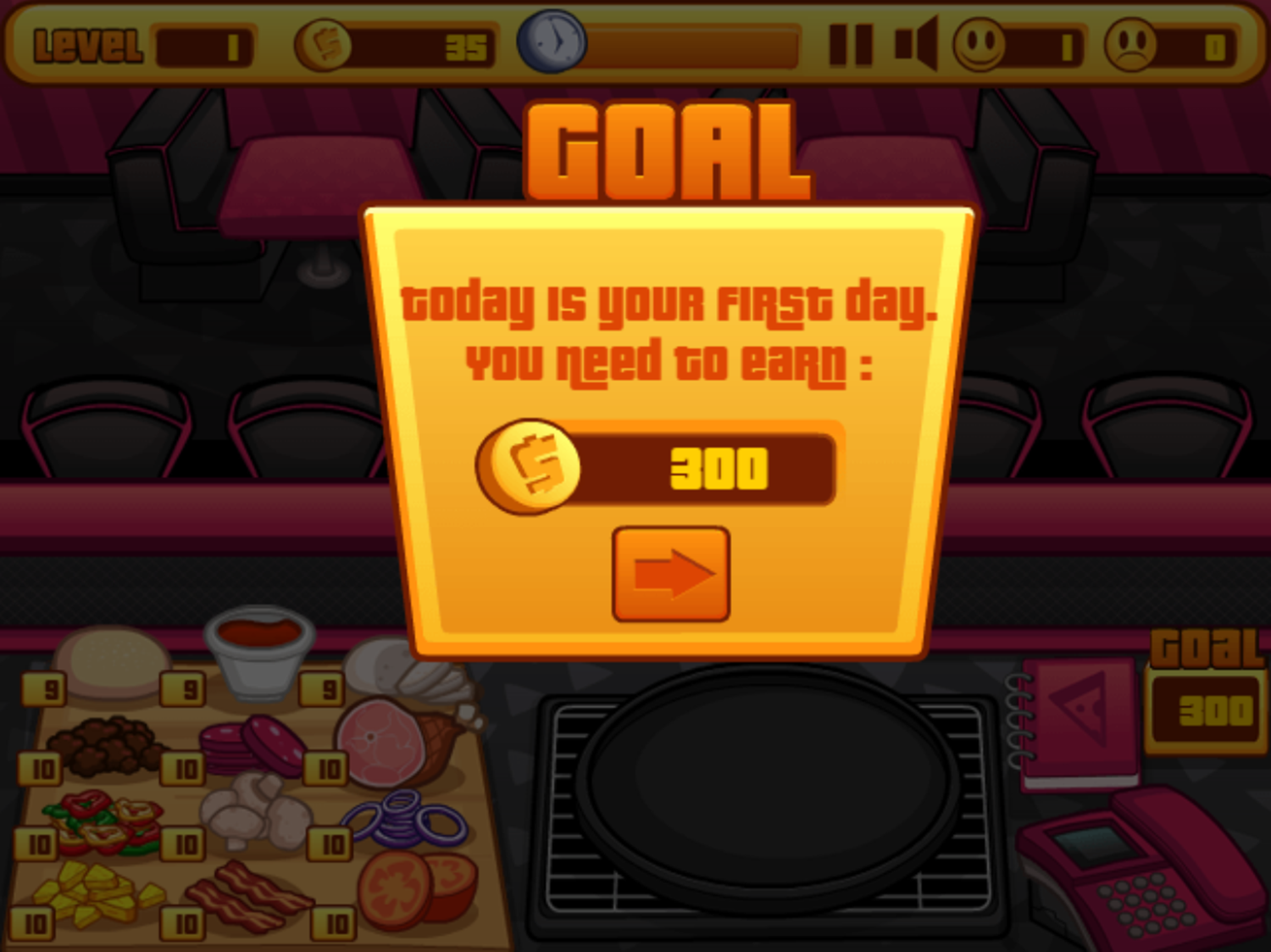 Pizza Cafe Game Goal Screen Screenshot.