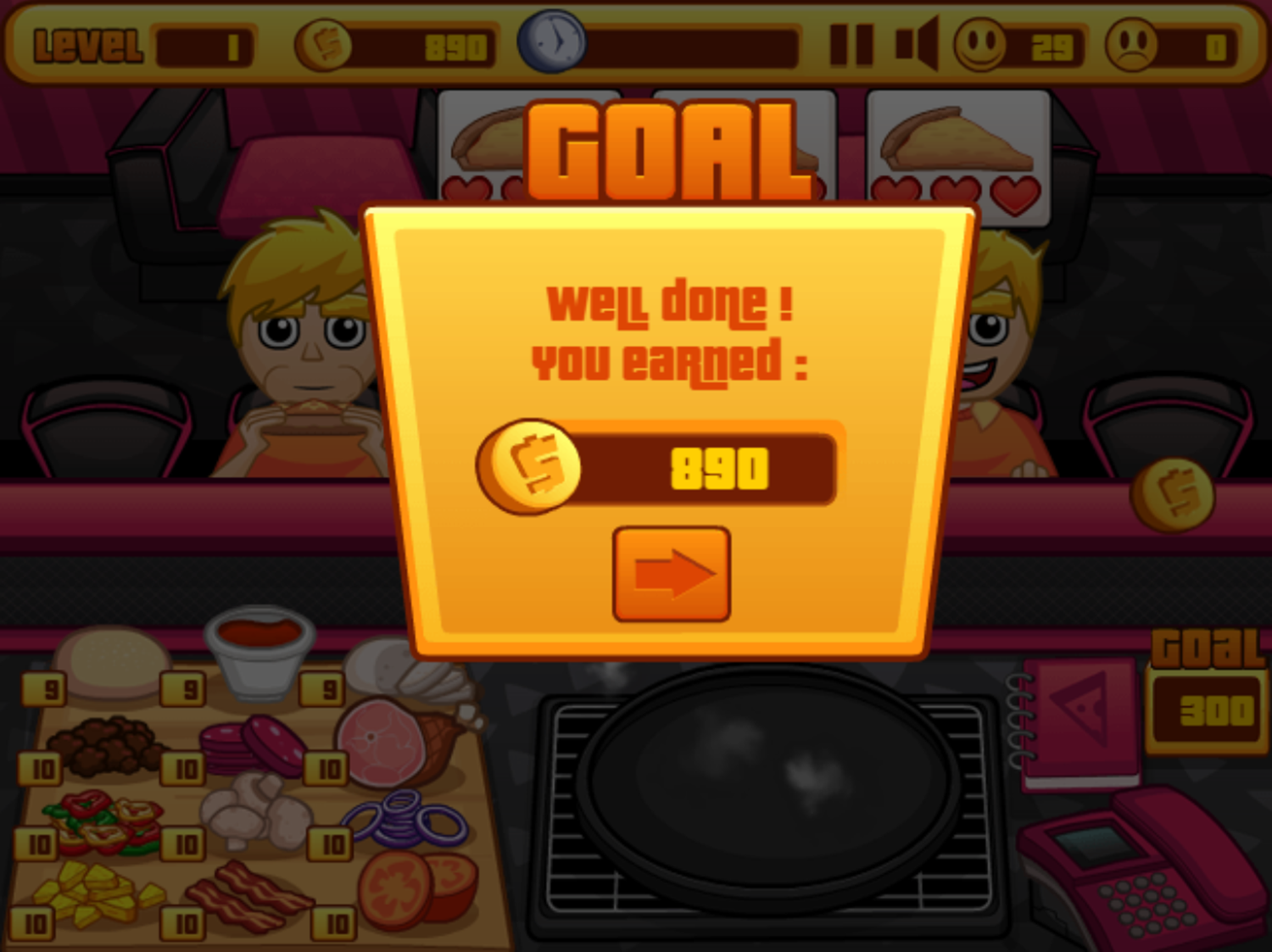 Pizza Cafe Game Level Complete Screen Screenshot.