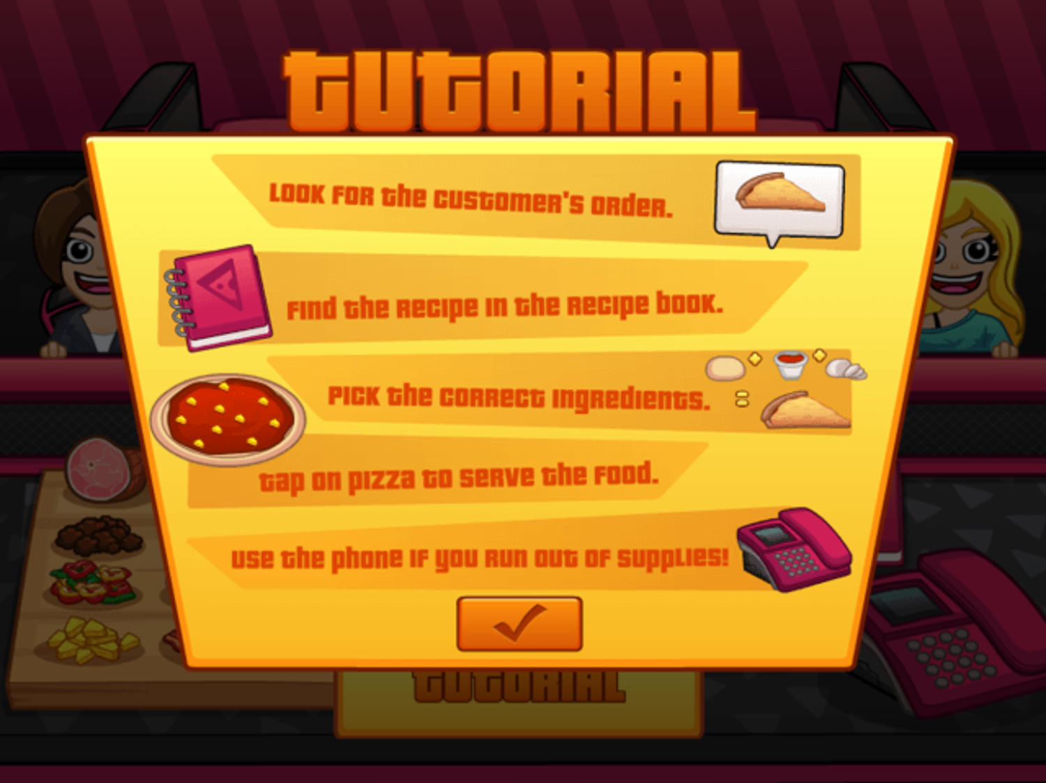 Pizza Cafe Game Tutorial Screen Screenshot.