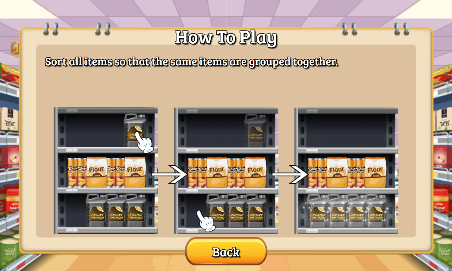 Supermarket Sort Game How to Play Screen Screenshot.