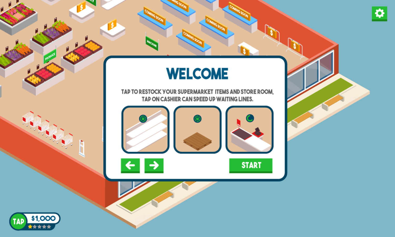 Tap Supermarket Game Tutorial Screen Tap to Restock Screenshot.